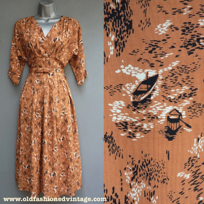 Original 1950s Dress Novelty Boat Print Cinnamon Brown Rayon UK XS