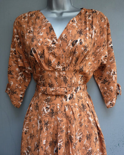 Original 1950s Dress Novelty Boat Print Cinnamon Brown Rayon UK XS