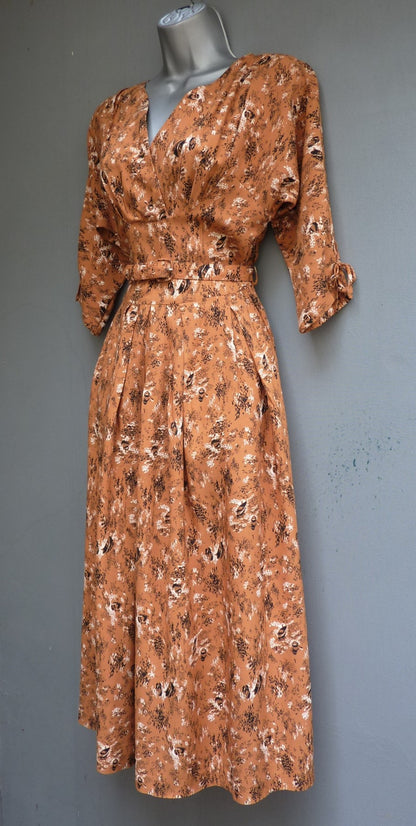 Original 1950s Dress Novelty Boat Print Cinnamon Brown Rayon UK XS