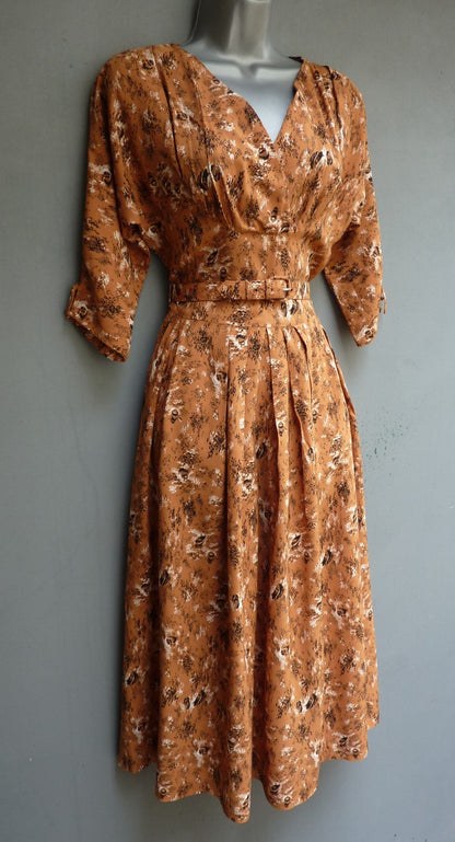 Original 1950s Dress Novelty Boat Print Cinnamon Brown Rayon UK XS