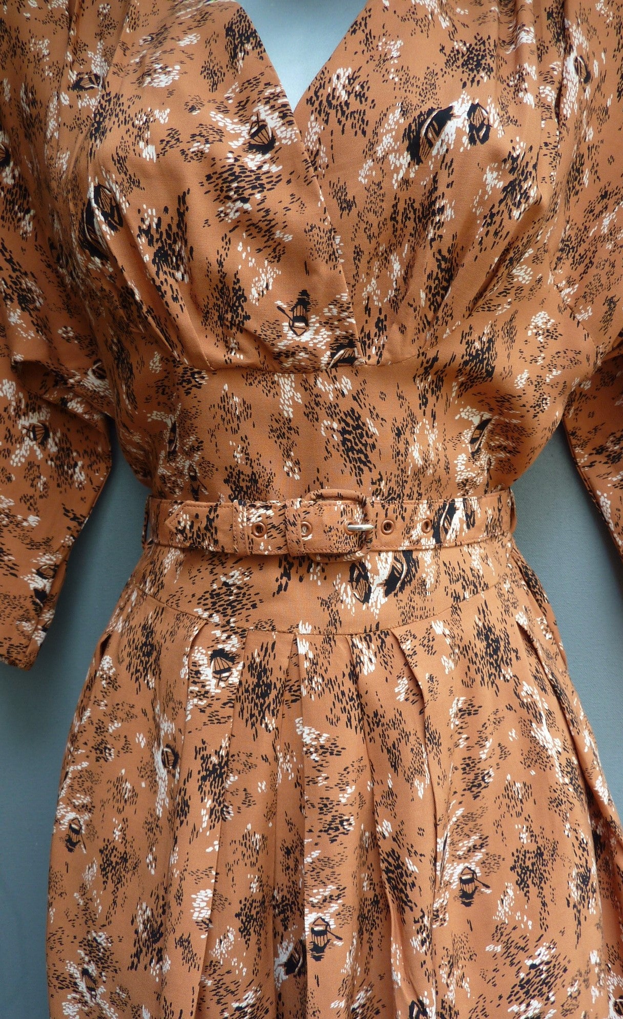 Original 1950s Dress Novelty Boat Print Cinnamon Brown Rayon UK XS