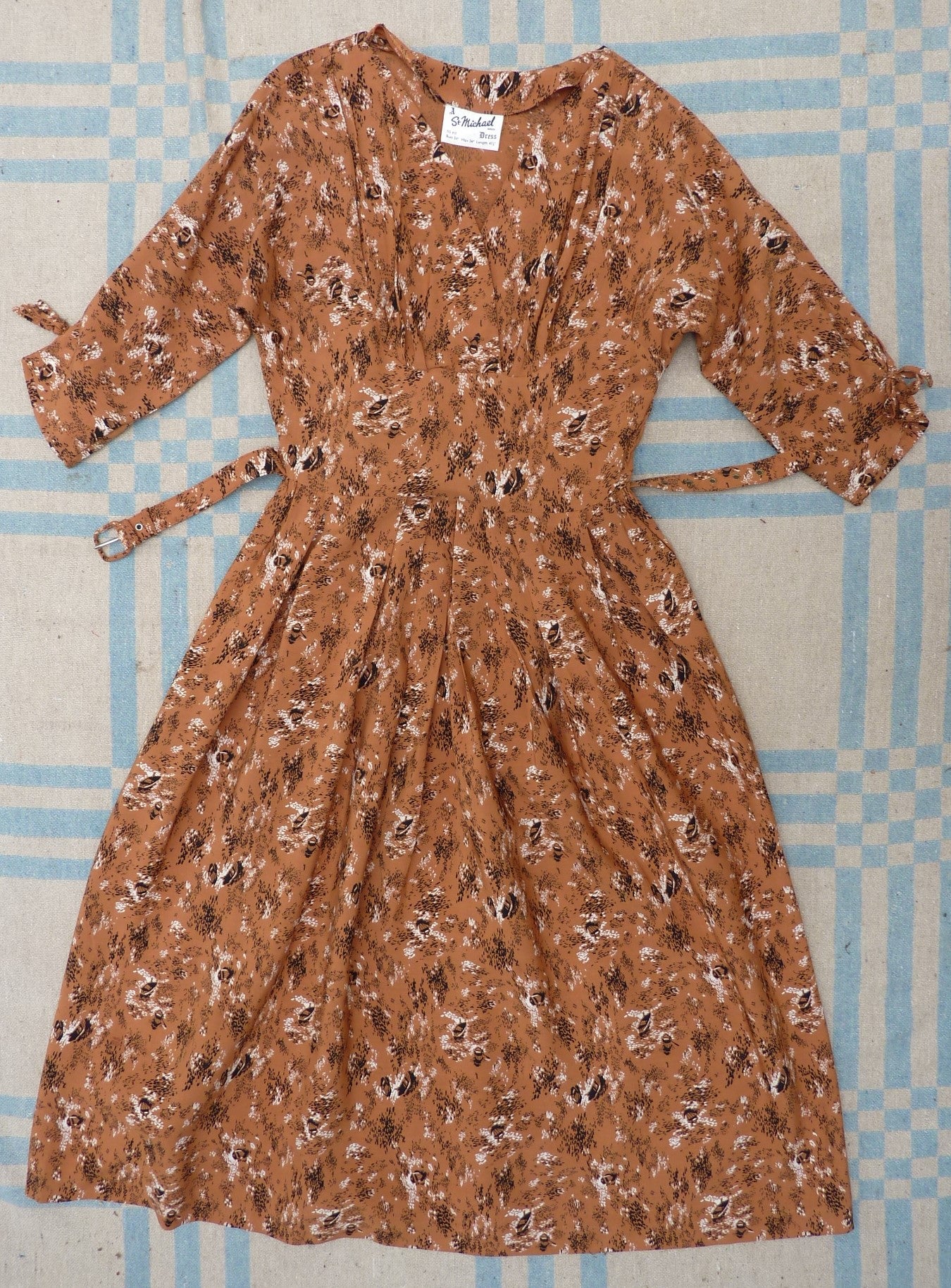 Original 1950s Dress Novelty Boat Print Cinnamon Brown Rayon UK XS