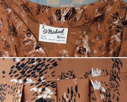 Original 1950s Dress Novelty Boat Print Cinnamon Brown Rayon UK XS