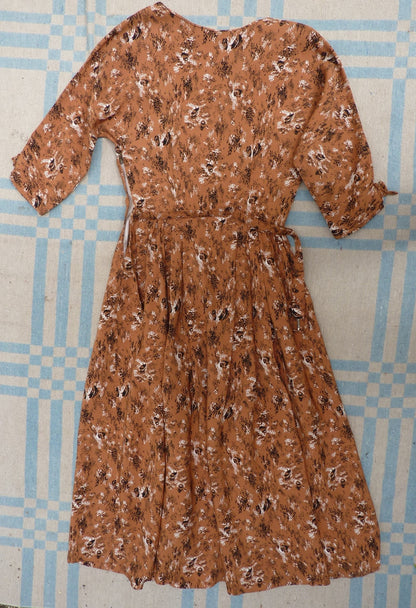 Original 1950s Dress Novelty Boat Print Cinnamon Brown Rayon UK XS