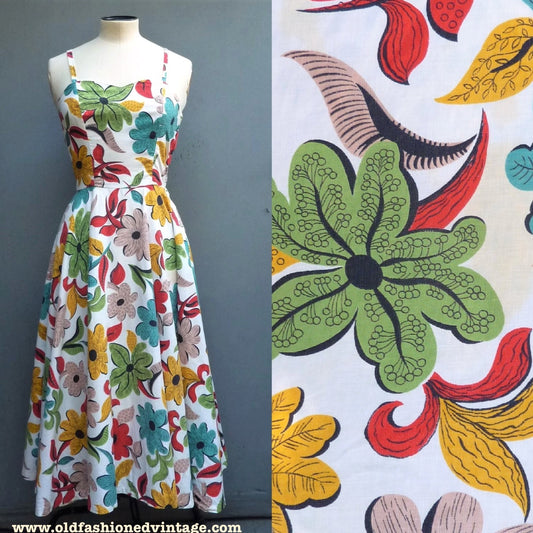 Fantastic Original Vintage 1950s Sun Dress Strappy or Strapless Bold Floral Cotton UK XS