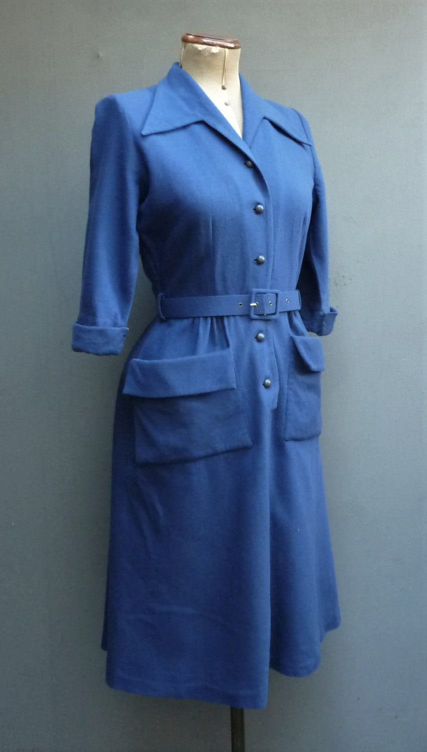 Vintage 1950s Dress Blue Wool Button Front Shirtwaister UK S