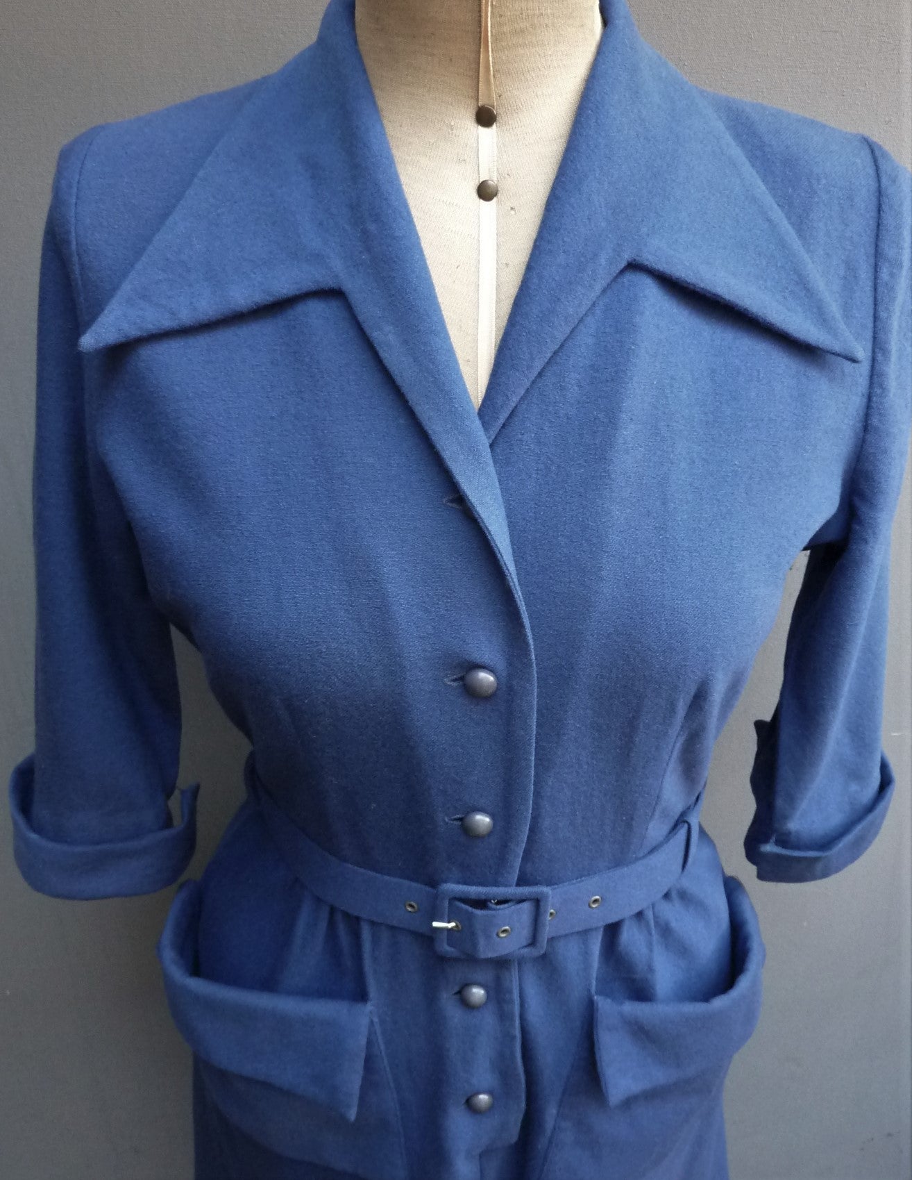 Vintage 1950s Dress Blue Wool Button Front Shirtwaister UK S