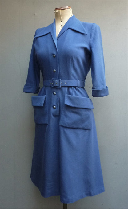 Vintage 1950s Dress Blue Wool Button Front Shirtwaister UK S