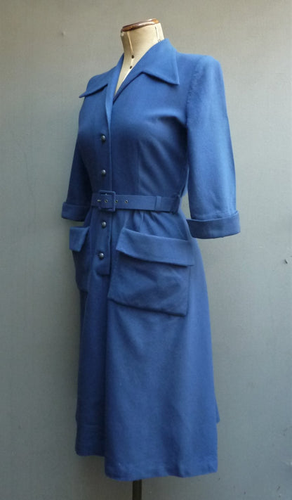 Vintage 1950s Dress Blue Wool Button Front Shirtwaister UK S