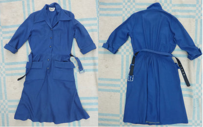 Vintage 1950s Dress Blue Wool Button Front Shirtwaister UK S