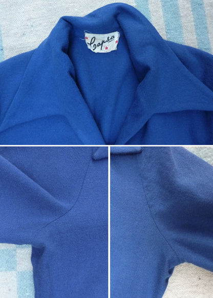 Vintage 1950s Dress Blue Wool Button Front Shirtwaister UK S