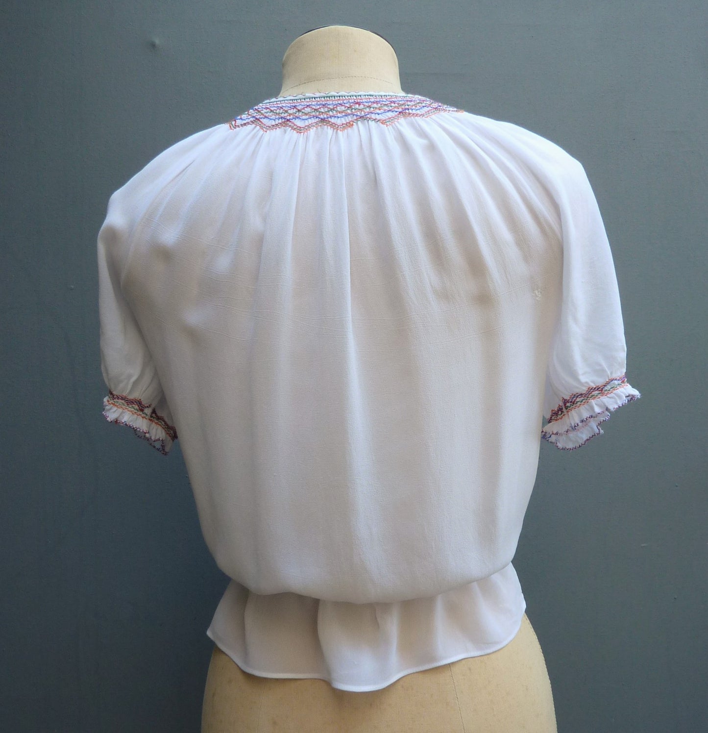 Vintage 1940s Embroidered Peasant Blouse White Chiffon UK S