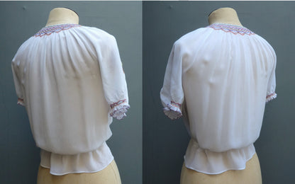 Vintage 1940s Embroidered Peasant Blouse White Chiffon UK S