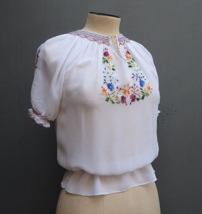 Vintage 1940s Embroidered Peasant Blouse White Chiffon UK S