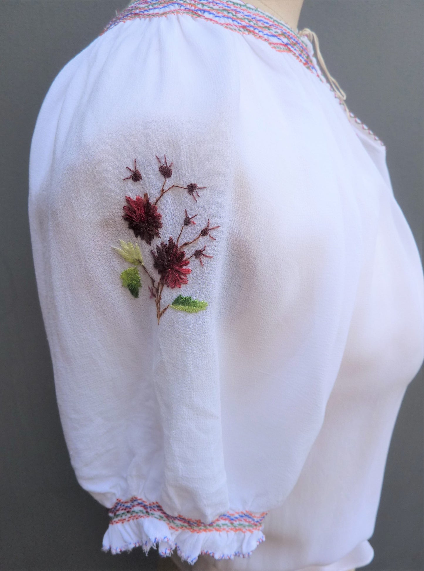 Vintage 1940s Embroidered Peasant Blouse White Chiffon UK S