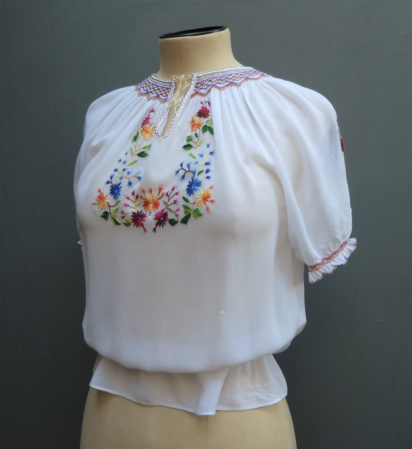 Vintage 1940s Embroidered Peasant Blouse White Chiffon UK S