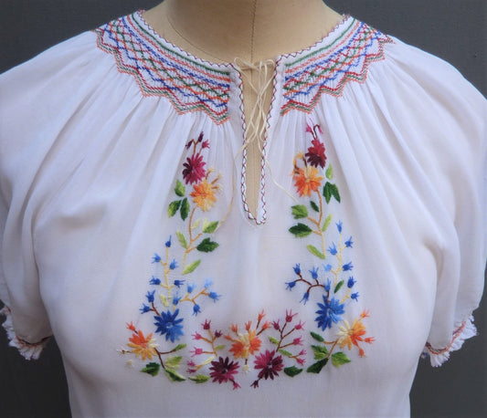 Vintage 1940s Embroidered Peasant Blouse White Chiffon UK S