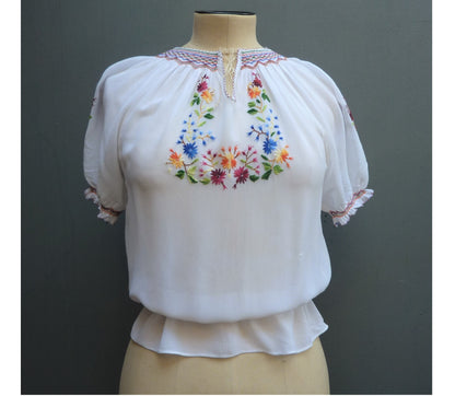 Vintage 1940s Embroidered Peasant Blouse White Chiffon UK S