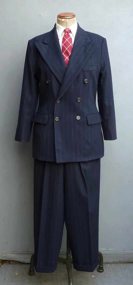 Vintage Ralph Lauren Double Breasted Suit Blue Pinstripe Y2K 2000s 1940s Style UK XS/S