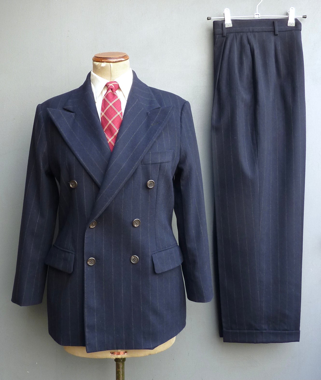 Vintage Ralph Lauren Double Breasted Suit Blue Pinstripe Y2K 2000s 1940s Style UK XS/S