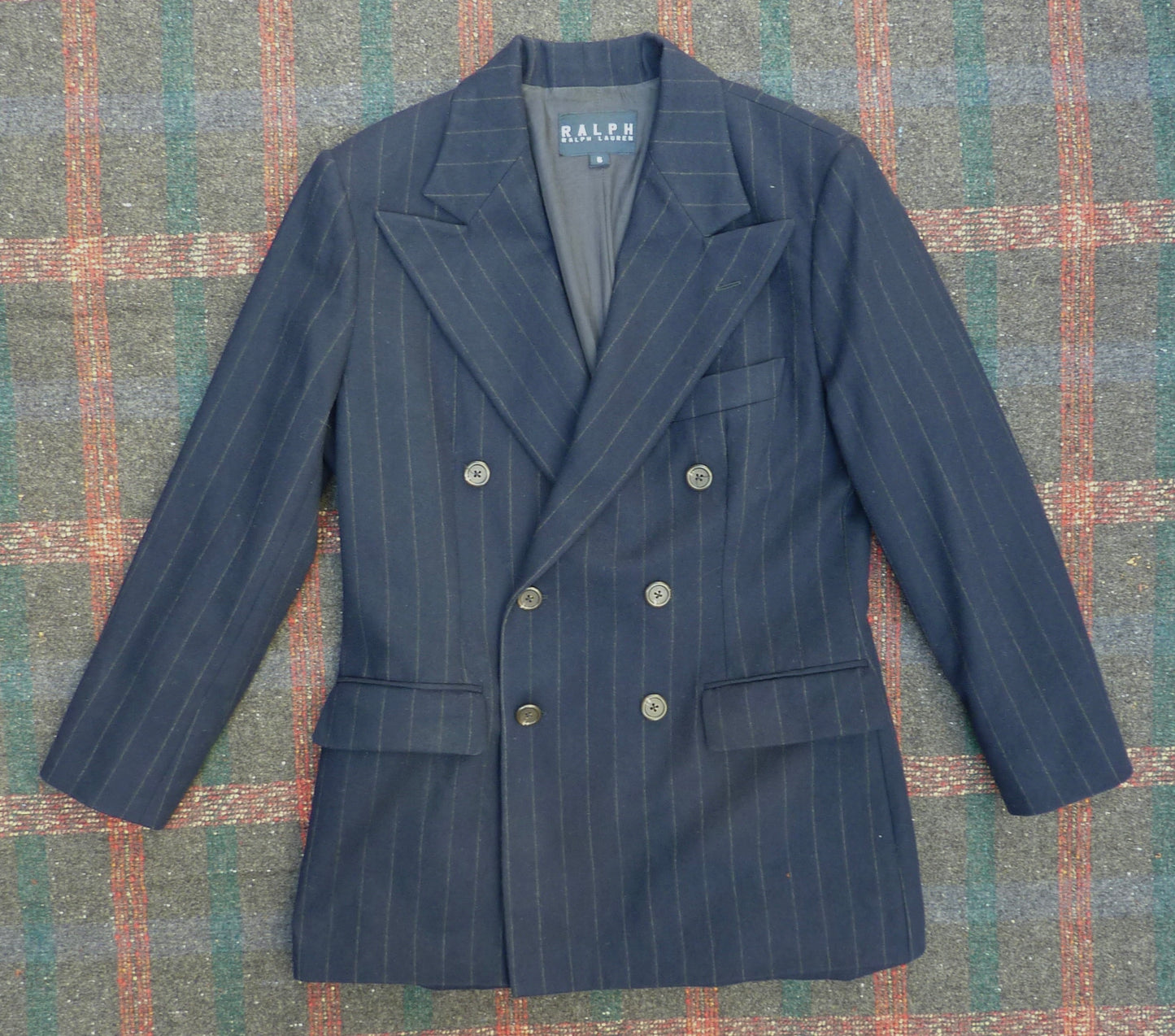 Vintage Ralph Lauren Double Breasted Suit Blue Pinstripe Y2K 2000s 1940s Style UK XS/S