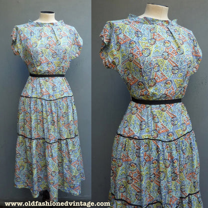 Beautiful Original Vintage 1940s Dress Abstract Floral Print Printed Rayon Dolman UK XS