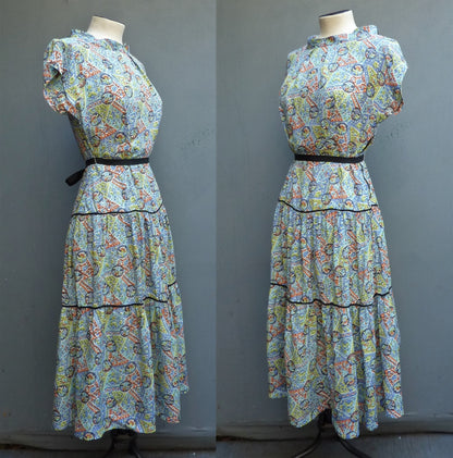 Beautiful Original Vintage 1940s Dress Abstract Floral Print Printed Rayon Dolman UK XS