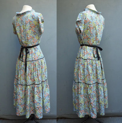 Beautiful Original Vintage 1940s Dress Abstract Floral Print Printed Rayon Dolman UK XS