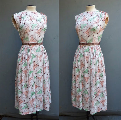 Vintage 1940s Dress Novelty Deco Geometric Print Rayon Crepe Sleeveless UK XS
