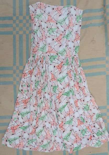 Vintage 1940s Dress Novelty Deco Geometric Print Rayon Crepe Sleeveless UK XS