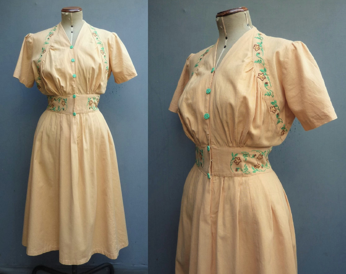 Delightful Original 1940s Shirtwaister Dress Pale Apricot Floral Embroidered UK S/M