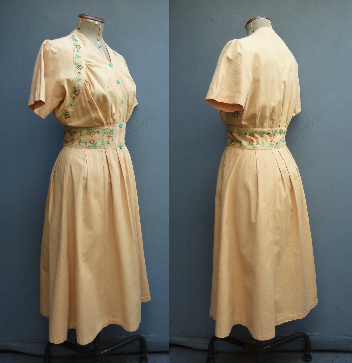 Delightful Original 1940s Shirtwaister Dress Pale Apricot Floral Embroidered UK S/M