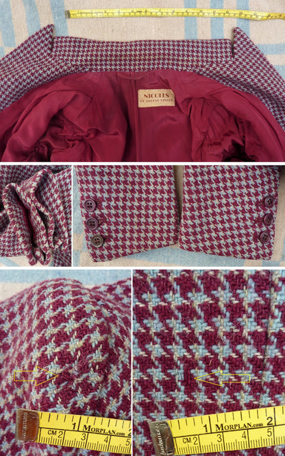 Superb Vintage 1940s Tweed Jacket Berry Red Blue Dogtooth Shepherd Check UK S