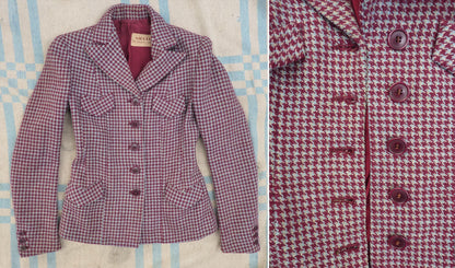 Superb Vintage 1940s Tweed Jacket Berry Red Blue Dogtooth Shepherd Check UK S