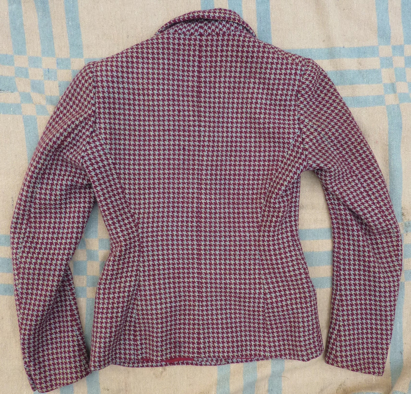 Superb Vintage 1940s Tweed Jacket Berry Red Blue Dogtooth Shepherd Check UK S