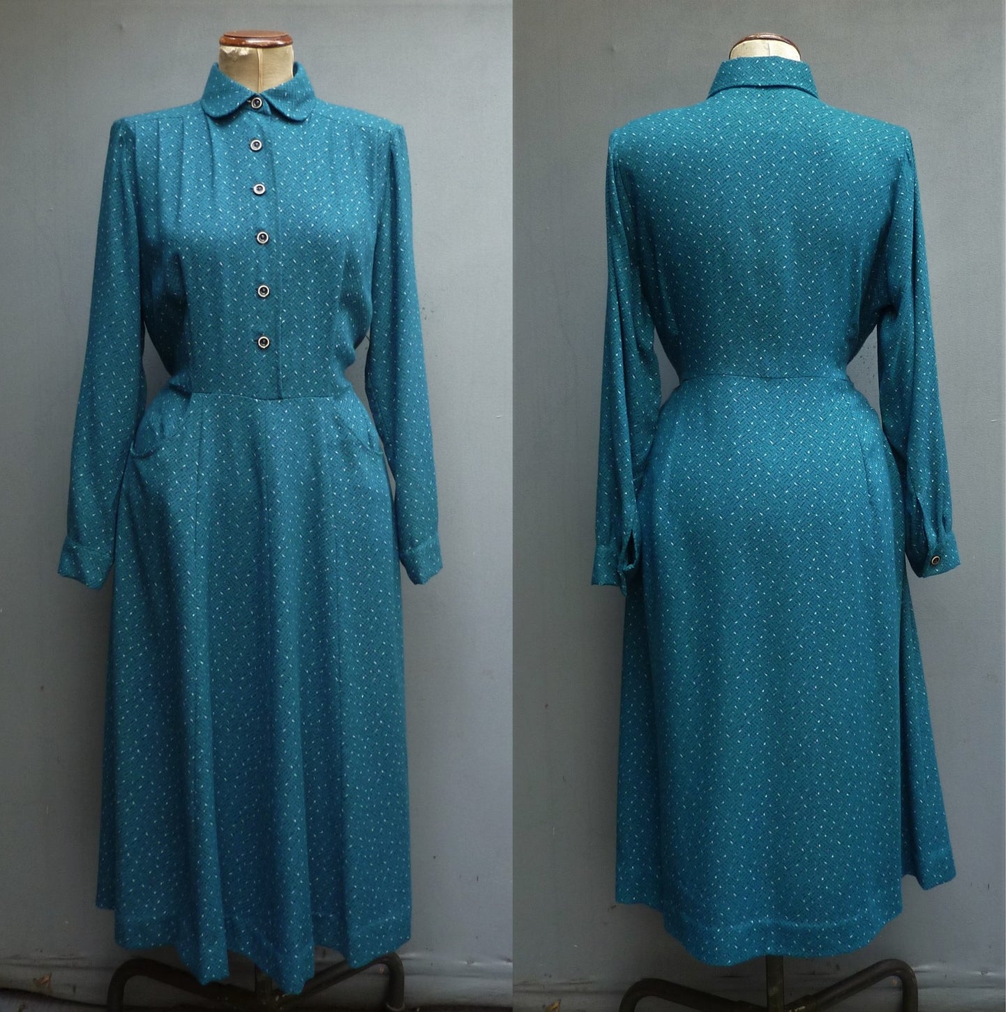 Vintage 1950s Shirtwaister Dress Petrol Blue Wool Cotton Geometric Print UK M/L