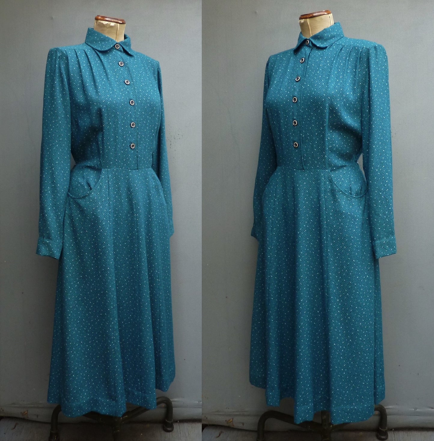 Vintage 1950s Shirtwaister Dress Petrol Blue Wool Cotton Geometric Print UK M/L