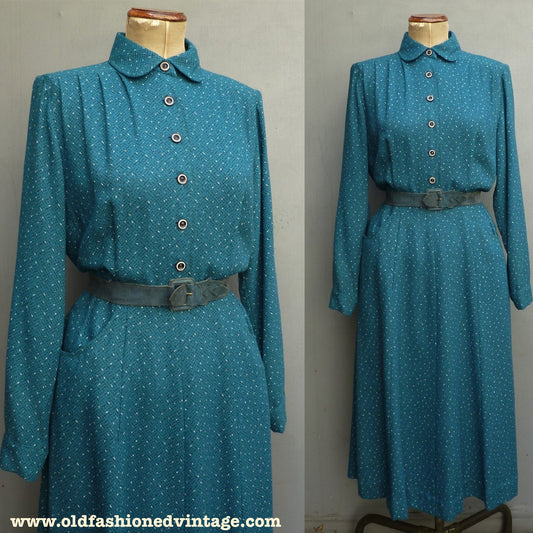 Vintage 1950s Shirtwaister Dress Petrol Blue Wool Cotton Geometric Print UK M/L