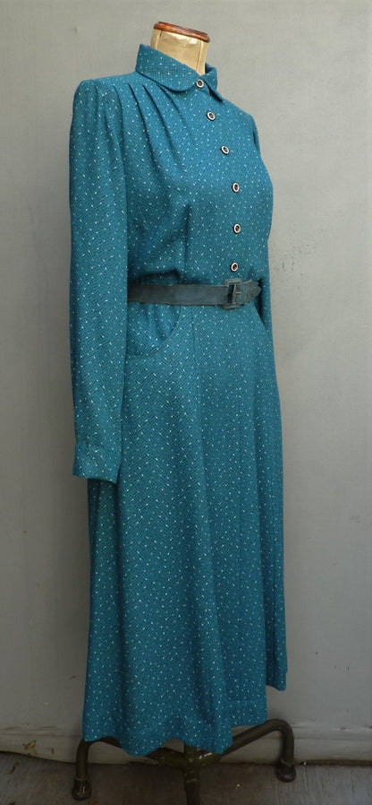 Vintage 1950s Shirtwaister Dress Petrol Blue Wool Cotton Geometric Print UK M/L