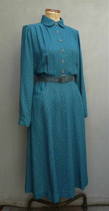 Vintage 1950s Shirtwaister Dress Petrol Blue Wool Cotton Geometric Print UK M/L