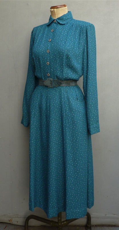 Vintage 1950s Shirtwaister Dress Petrol Blue Wool Cotton Geometric Print UK M/L