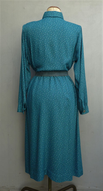 Vintage 1950s Shirtwaister Dress Petrol Blue Wool Cotton Geometric Print UK M/L