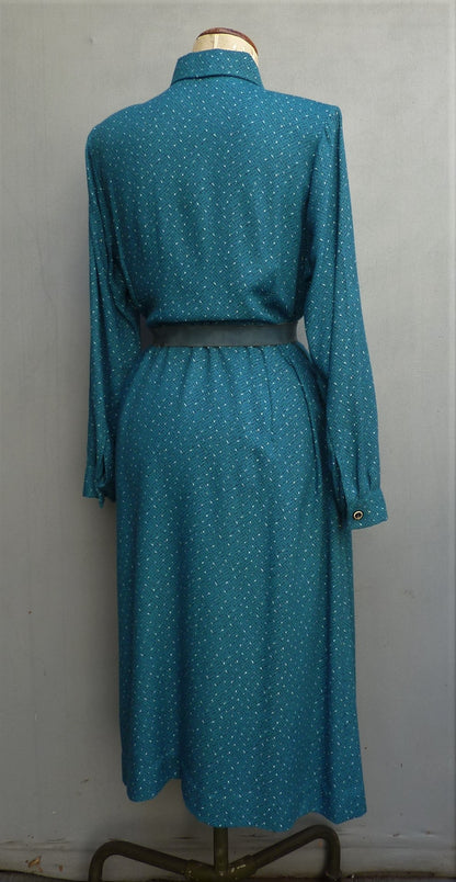 Vintage 1950s Shirtwaister Dress Petrol Blue Wool Cotton Geometric Print UK M/L