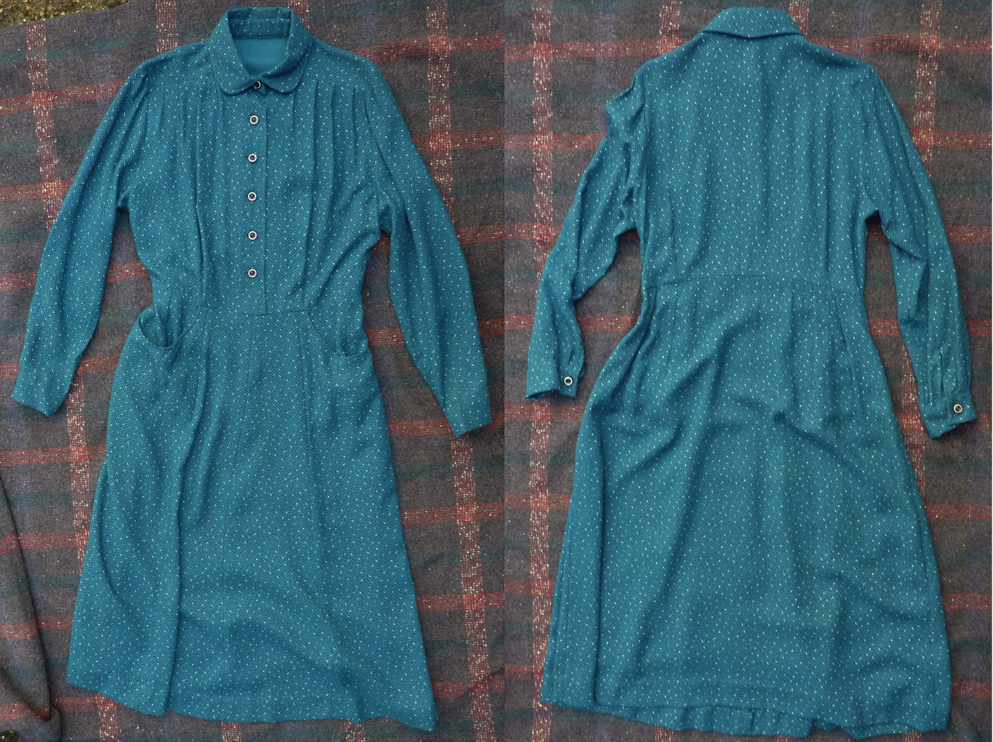 Vintage 1950s Shirtwaister Dress Petrol Blue Wool Cotton Geometric Print UK M/L