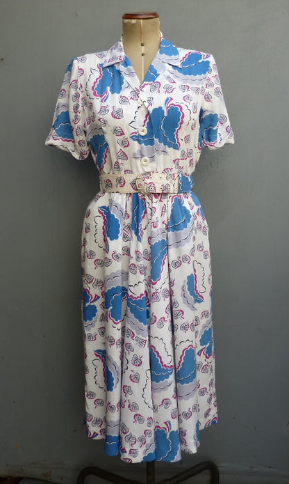 Vintage 1940s CC41 Shirtwaister Dress Bold Novelty Abstract Leaf Print UK S