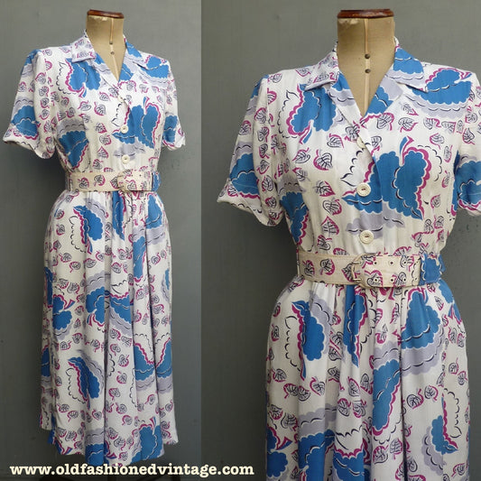 Vintage 1940s CC41 Shirtwaister Dress Bold Novelty Abstract Leaf Print UK S