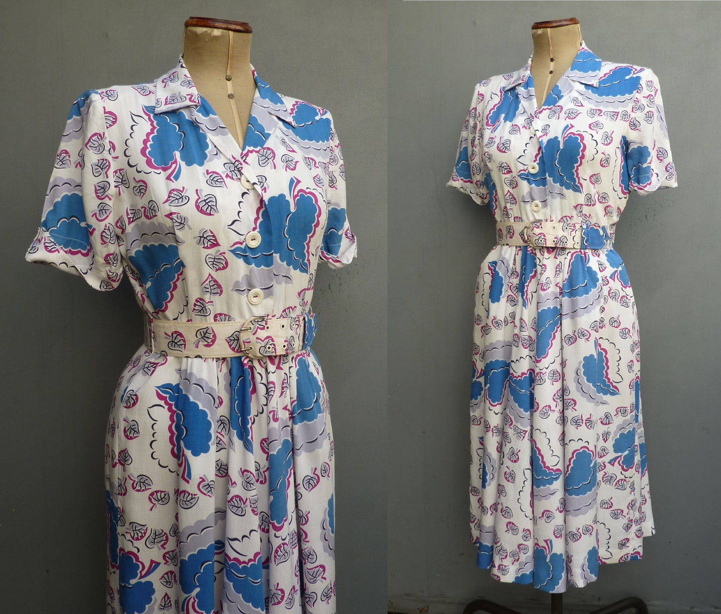 Vintage 1940s CC41 Shirtwaister Dress Bold Novelty Abstract Leaf Print UK S