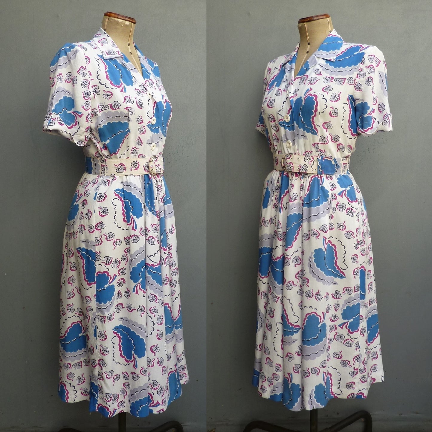 Vintage 1940s CC41 Shirtwaister Dress Bold Novelty Abstract Leaf Print UK S