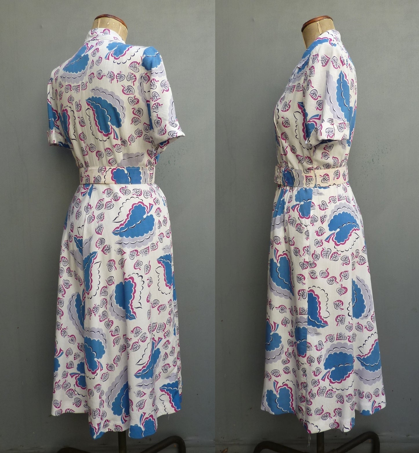 Vintage 1940s CC41 Shirtwaister Dress Bold Novelty Abstract Leaf Print UK S