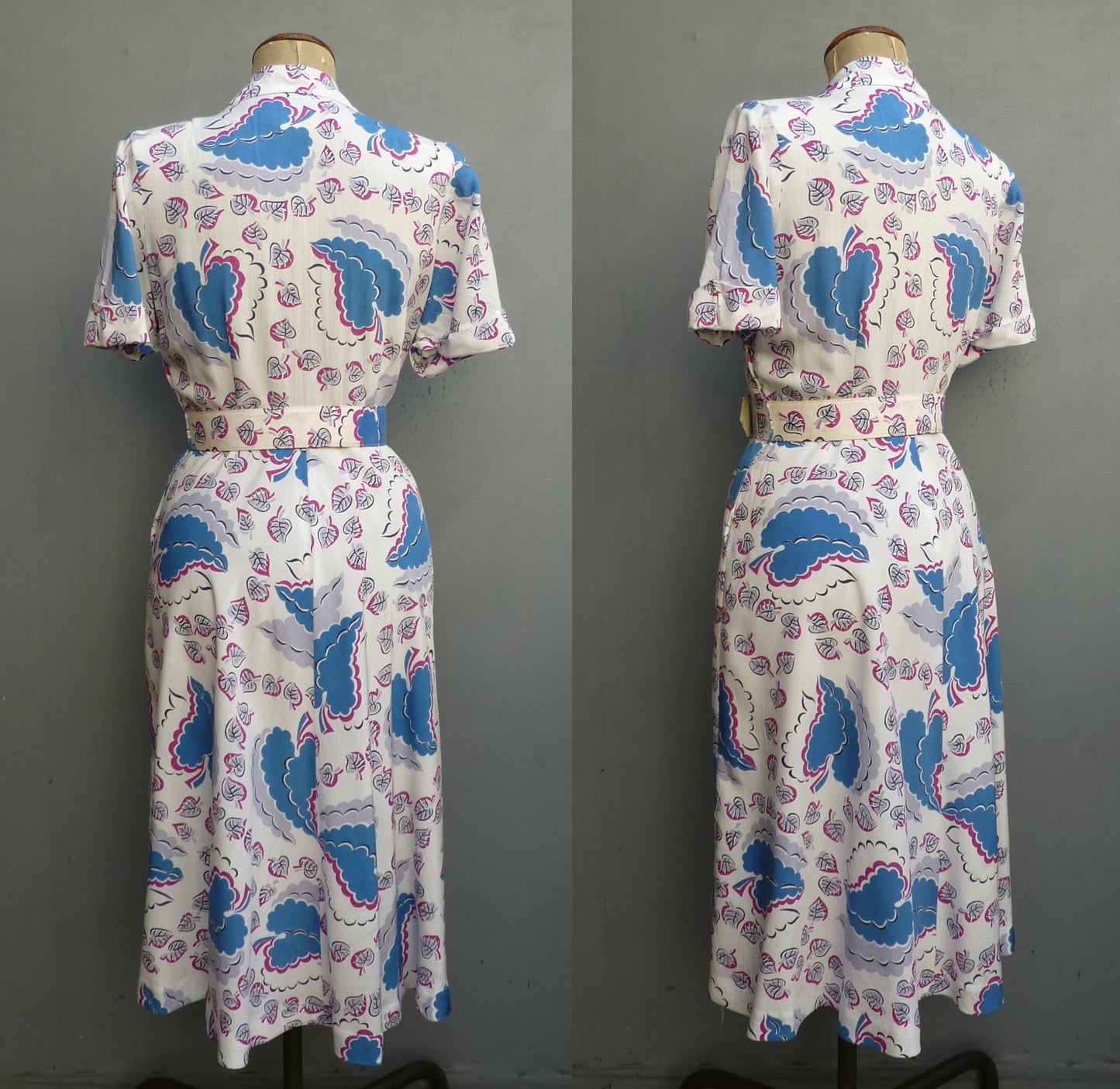 Vintage 1940s CC41 Shirtwaister Dress Bold Novelty Abstract Leaf Print UK S